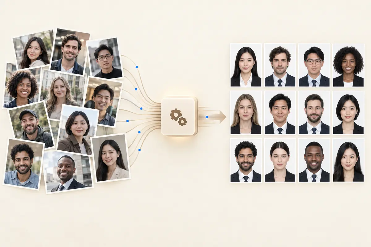 Batch photo processing workflow showing multiple photos being processed simultaneously